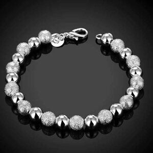 Women's 925 Sterling Silver 8mm Frosted Plain Hollow Beaded Chain Bracelet